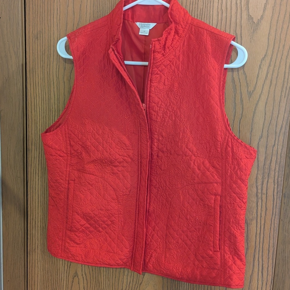 Christopher & Banks Red Quilted Silk Vest Floral Embroidered Zip Mock Neck M
